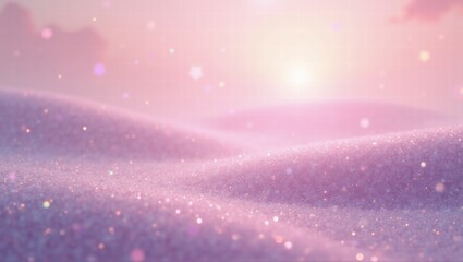 Rolling pastel pink dunes under a dreamy sky with soft light and sparkling particles, resembling a surreal desert. Generative, AI,
