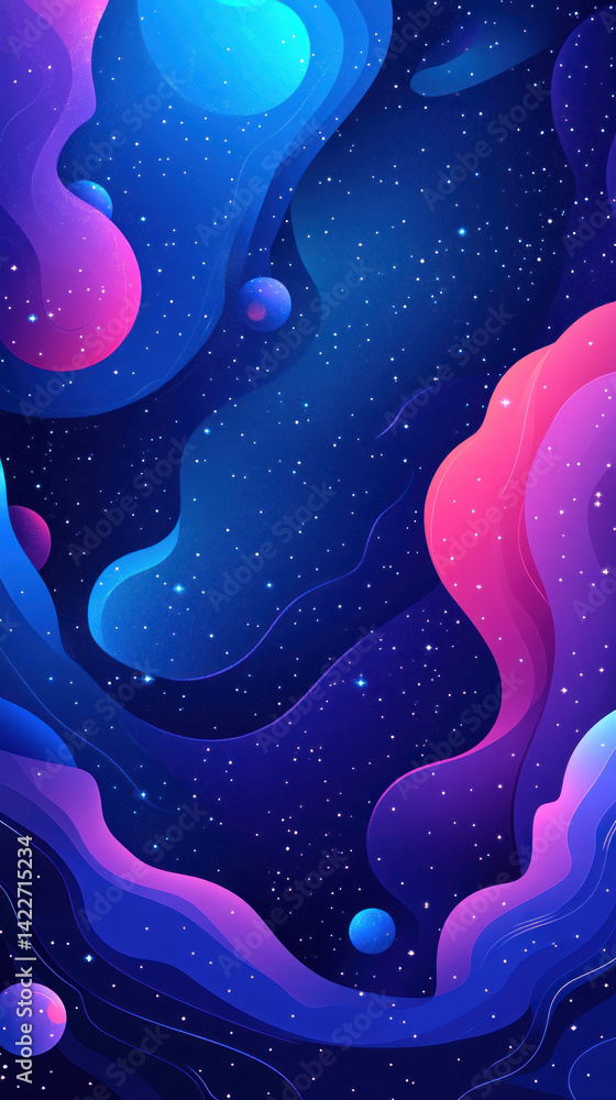 Poster a colorful space background with a blue and pink swirl. there are many stars in the background and a