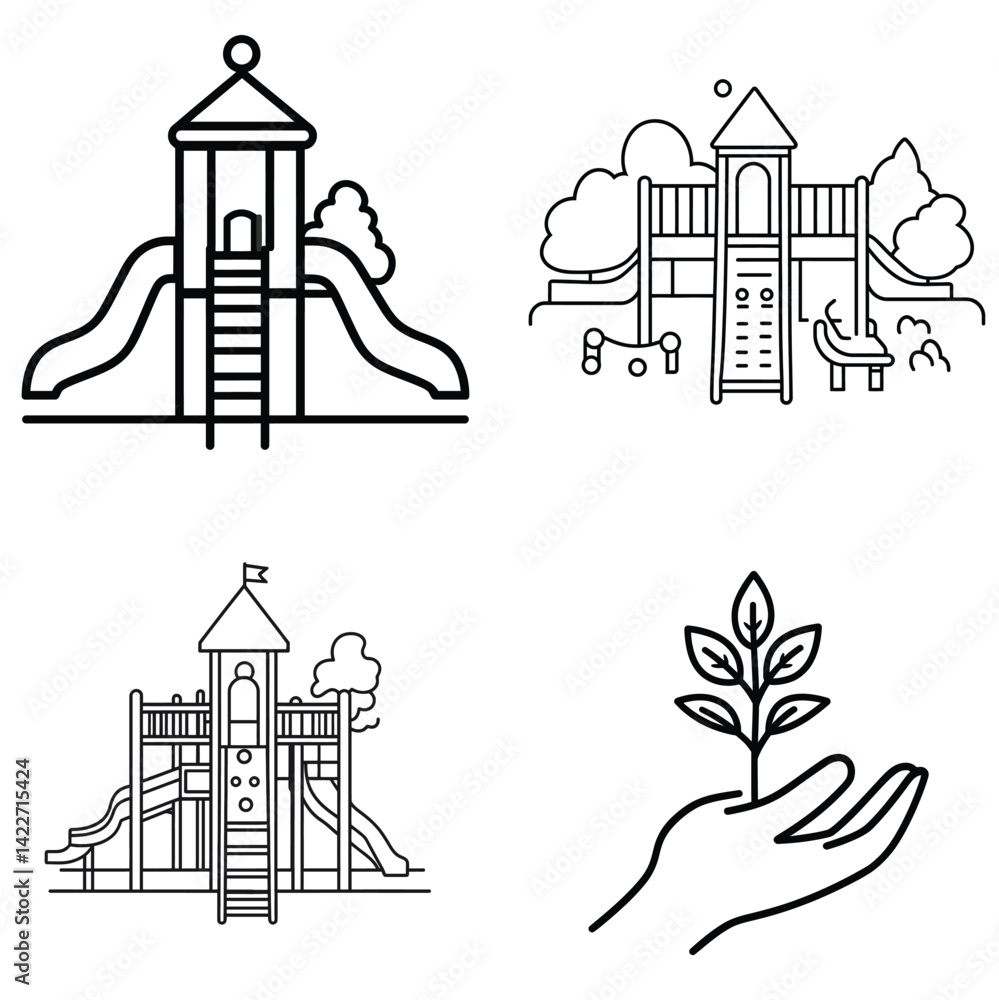 Poster set of playground and plant line icons in transparent background thin stroke design