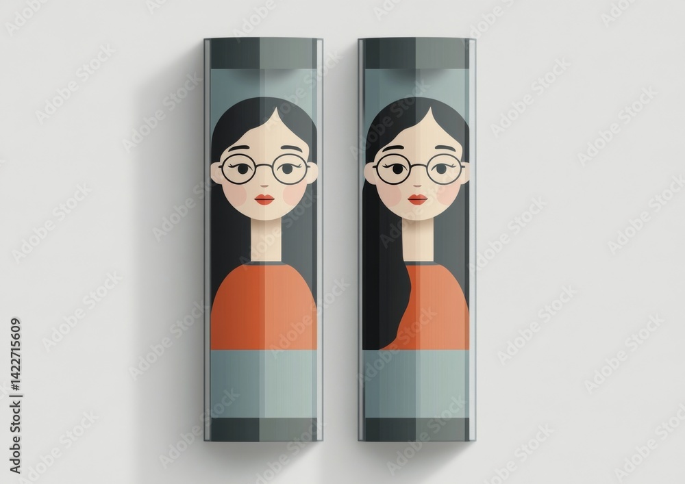 Poster two simple cartoon windows on a screen displaying avatars of two women talking to one another in a v
