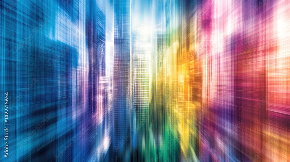 Poster a colorful cityscape with buildings in the background. the buildings are in different colors, creati