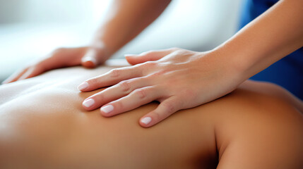 Fototapeta premium Closeup of hands gently massaging a woman's back, creating a calm and peaceful feeling. Perfect for spa, wellness, and massage therapy marketing.