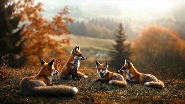 Foxes resting on hilltop, autumnal landscape