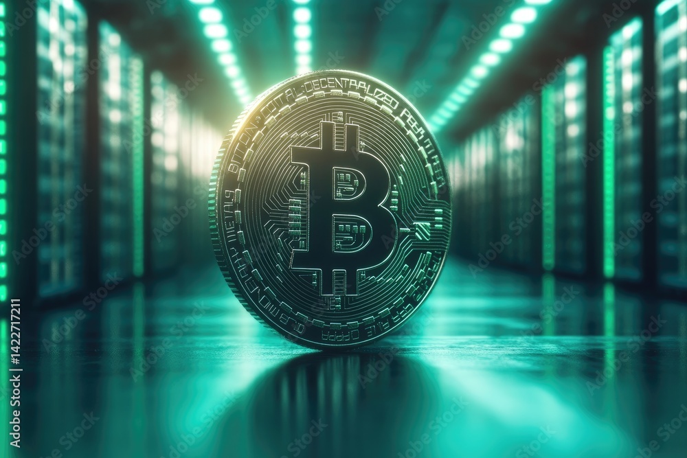 Aufkleber glowing green bitcoin amidst server racks in a futuristic data center reflecting on glossy floor hig