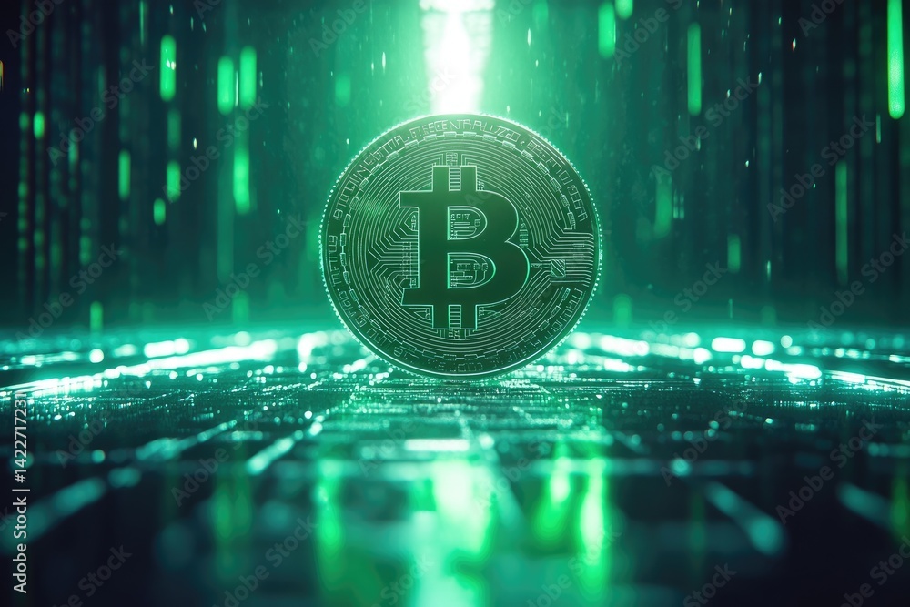 Aufkleber glowing green bitcoin symbol with digital matrix background and bokeh effect