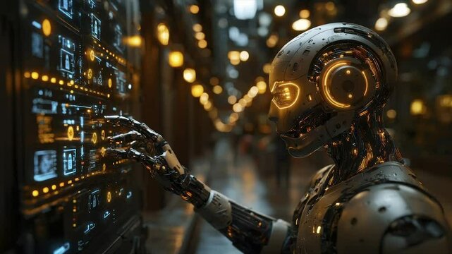 Futuristic robot interacts with advanced control panel in a city setting.  Complex mechanical design, glowing displays, and urban backdrop create a captivating image of technology and the future
