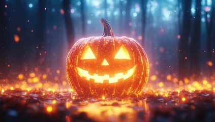 Naklejka premium Glowing Halloween Pumpkin With Carved Face and Forest Background During Nighttime With Orange Light And Pixelated Texture