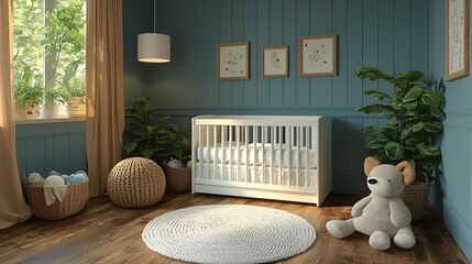 Modern baby nursery with crib, plants, and toys.