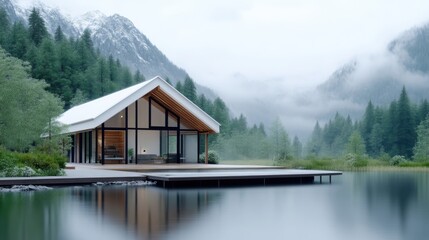 Fototapeta premium Modern cabin nestled by a serene lake, amidst majestic mountains. A tranquil retreat