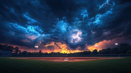 Dramatic baseball field scene with lightning strikes illuminating the stormy sky creating a spectacle of nature's power and athletic setting