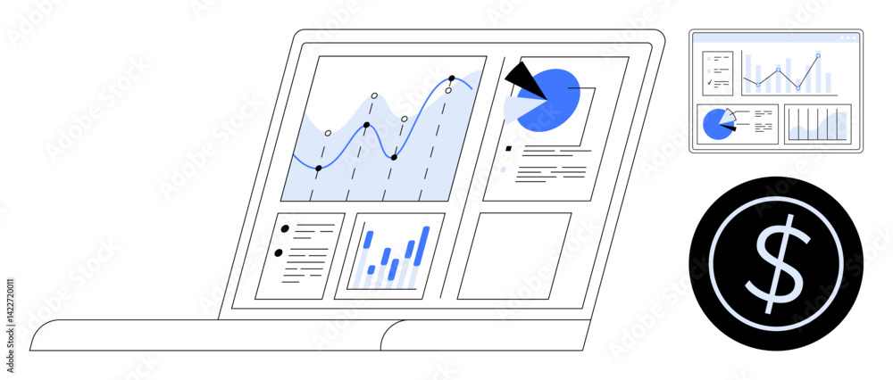 Poster laptop displaying data visuals, graphs, and pie chart with separate monitor and dollar sign. ideal f