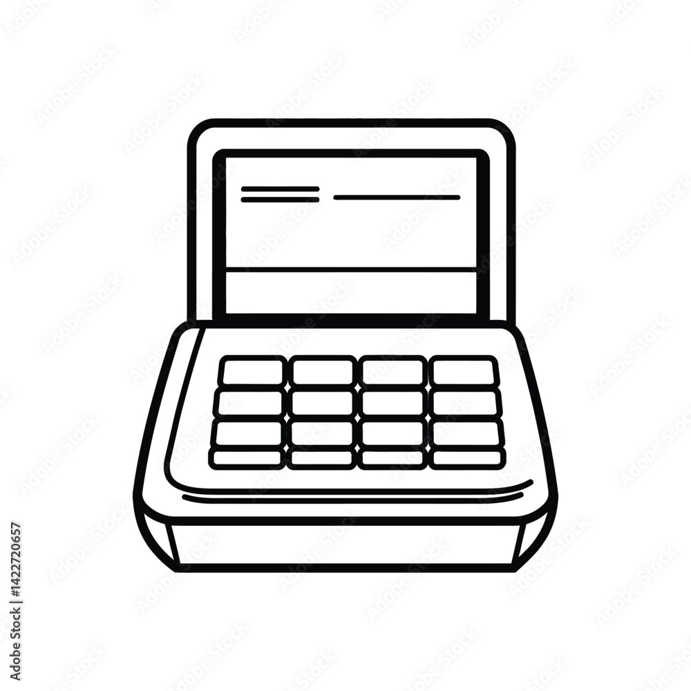 Poster simple outline cash register with display on transparent background