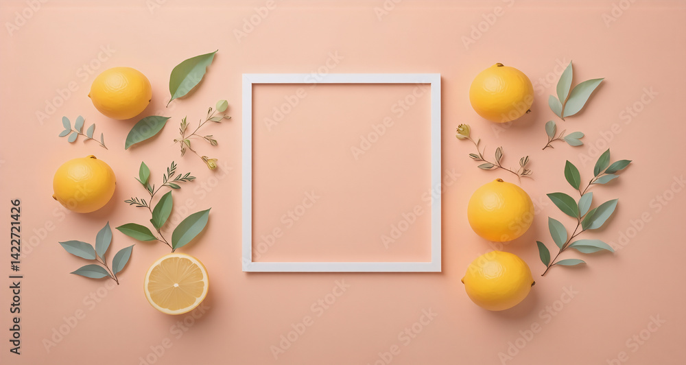 Poster bright yellow citrus fruit, lush green leaves, and a square frame on a soft, peach background create
