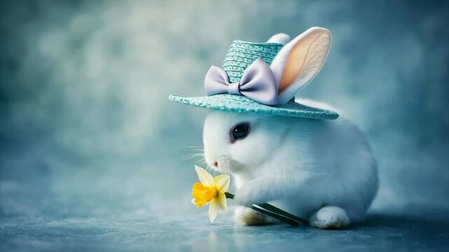 Adorable baby bunny wearing a pastel-colored hat, holding a yellow flower