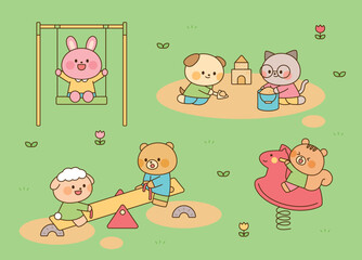Cute animal friends playing together on the playground with swings, seesaws, and sand toys on a sunny day.