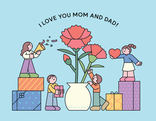 Adorable children giving carnations and gifts to parents for Parent’s Day. Heartwarming illustration with love message and festive decorations.