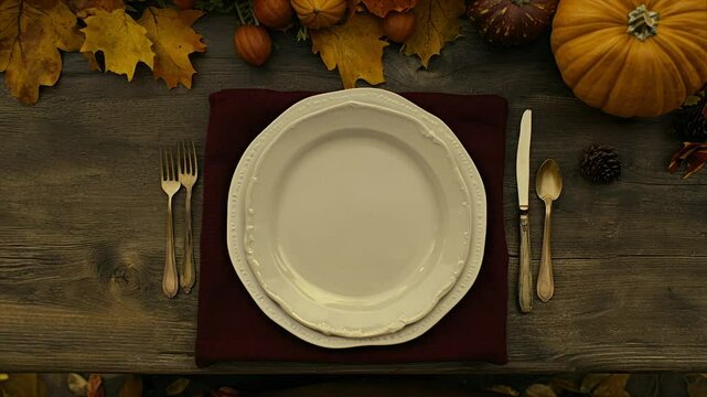 Autumnal Thanksgiving table setting, empty plate, fall decor