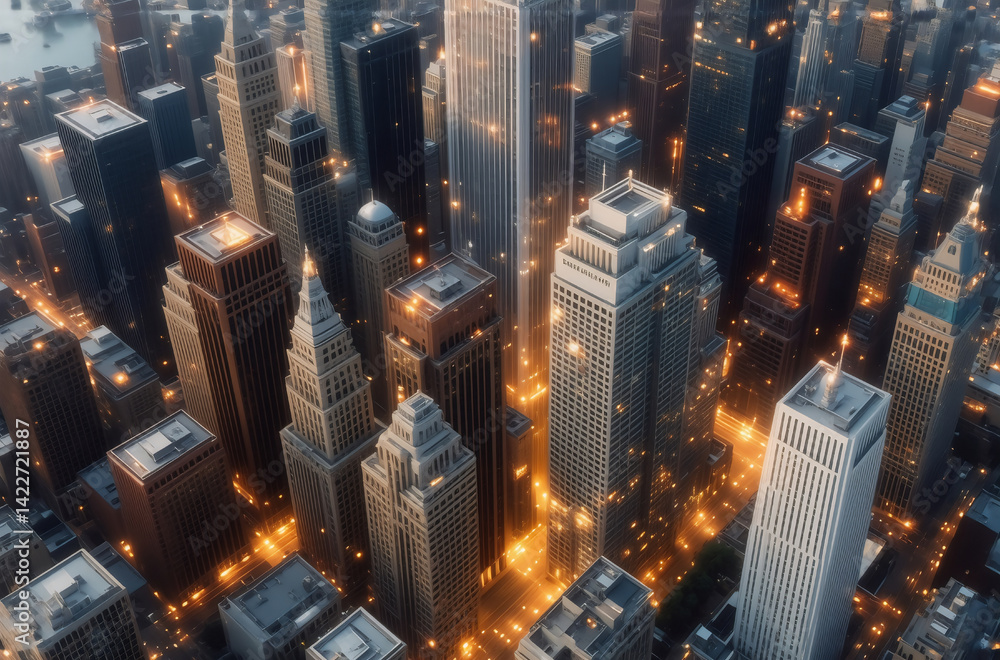 Poster high-angle view of a bustling urban environment at twilight, with towering structures and glowing li