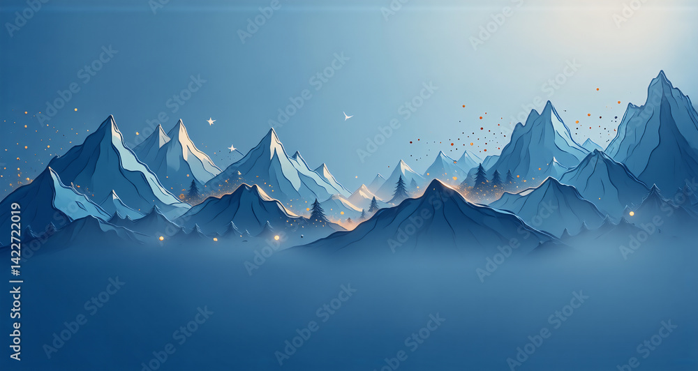 Poster here's a description and keywords based on the image, incorporating the hint (mountains and lights) 