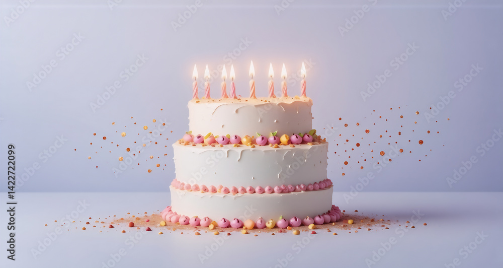 Aufkleber here's the description and keywords based on the image: a layered cake with lit candles, surrounded 