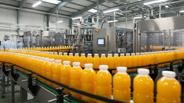 Orange juice bottle on conveyor in production line inside beverage factory, perfect for illustrating food manufacturing, automation, and industrial bottling processes.