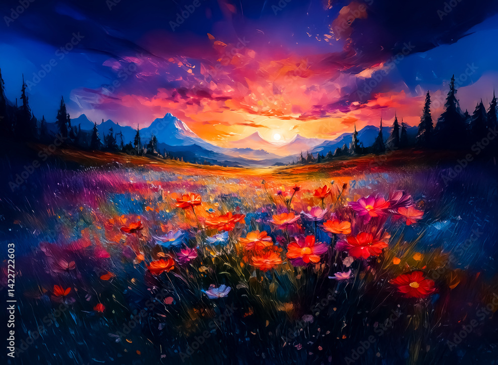 Poster an impressionistic image depicts a vibrant sunset casting light on a mountain landscape and colorful