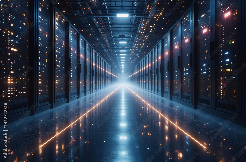 Poster a futuristic, symmetrical data center hallway glows with colorful lights. servers line the walls, di