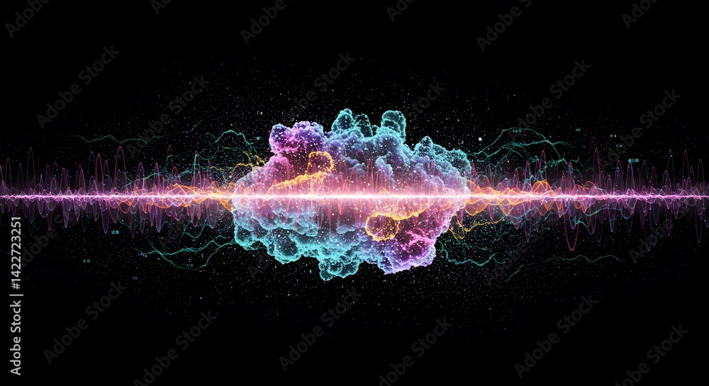 Poster abstract visualization of energy waves and quantum particle interaction in vibrant hues