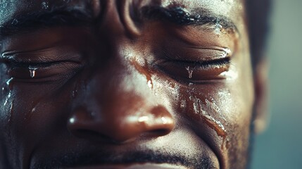 Man crying tears of joy, real emotion, close focus on eyes