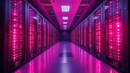 Fototapeta premium Pink Illuminated Server Room: Data Center Technology