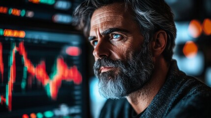 A mature man intently studies financial market data on screen