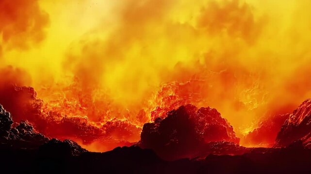 Fiery orange clouds and rocky landforms convey a scene of volcanic landscapes
