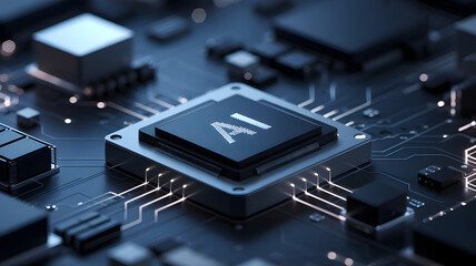 AI chip centered in blurred complex motherboard circuit background