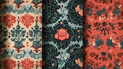 Vintage floral and damask textile patterns displayed vertically.