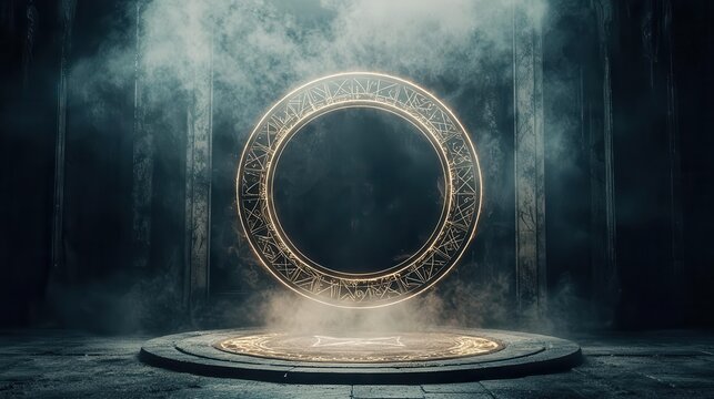 Dark summoning circle with ancient symbols, a hellish portal forming in its center