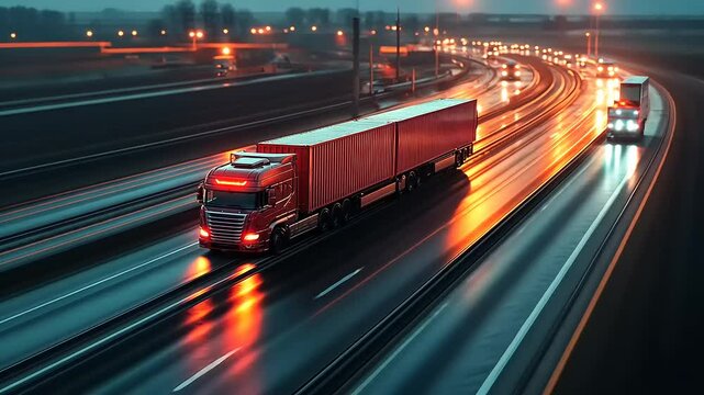 A red truck navigating a wet highway at dusk, with glowing lights and blurred traffic in the background