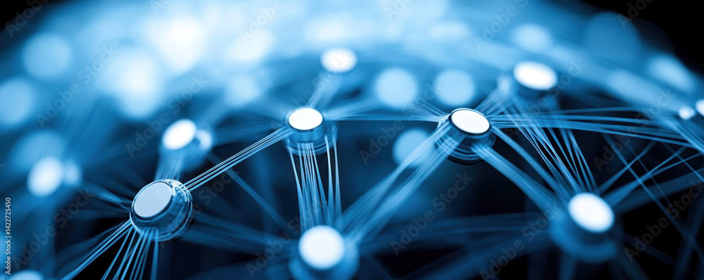 Poster a blue sphere with many small circles on it. the circles are connected to each other in a web-like p