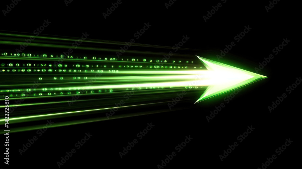 Poster a green arrow is shown in a black background. the arrow is pointing to the right. the image has a fu