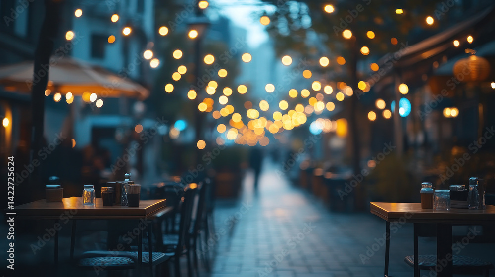 Poster a busy city street with tables and chairs set up for people to sit and eat. the tables are lit up wi