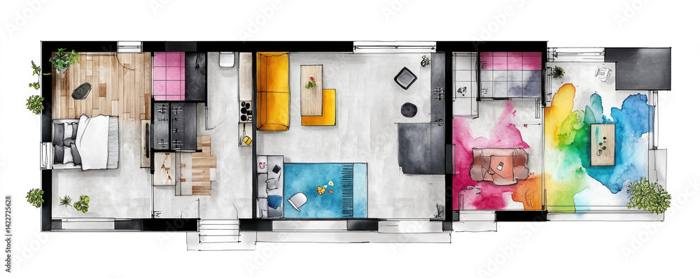Poster a drawing of a three-story apartment with a colorful floor plan. the floor plan is divided into thre