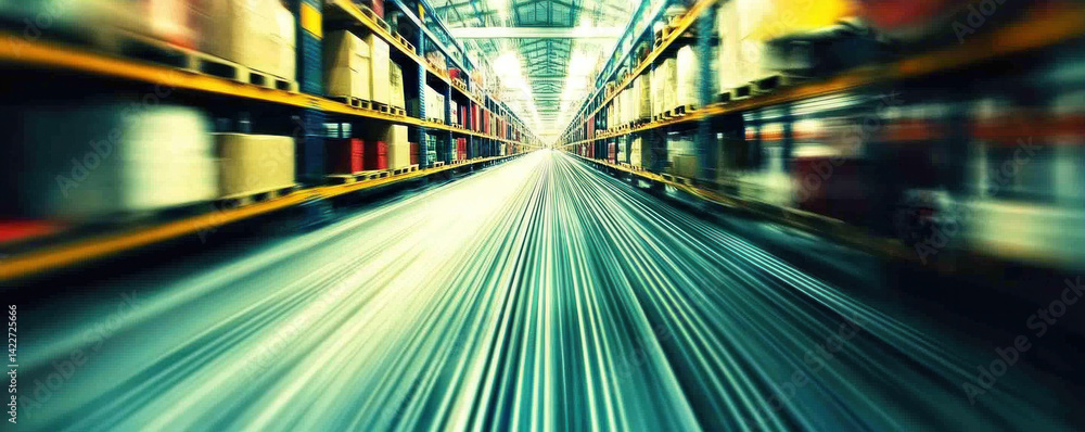 Poster a warehouse with a long aisle of shelves. the shelves are filled with boxes and crates. the image ha