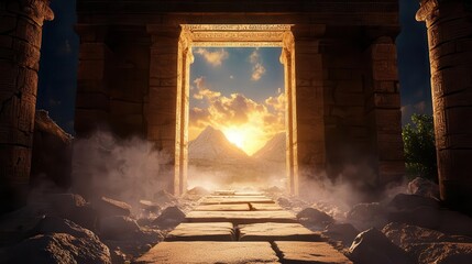 Temporal rift opening in a forgotten temple, revealing glimpses of multiple timelines