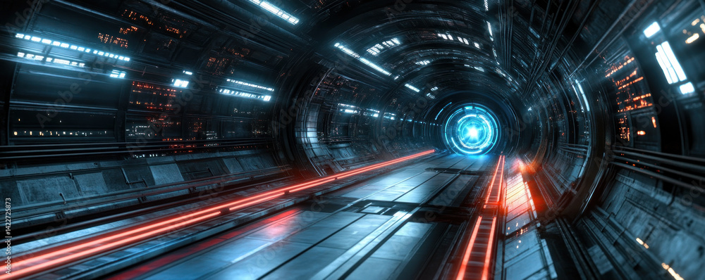 Poster a futuristic tunnel with a glowing blue sphere in the middle. the tunnel is lit up with neon lights 
