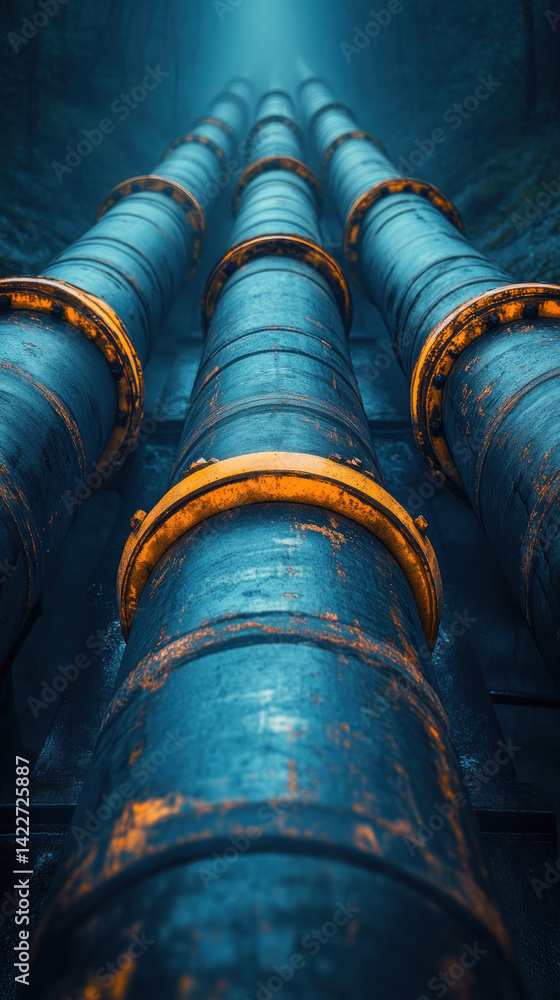 Poster a series of pipes are shown in a blue and orange color scheme. the pipes are connected to each other