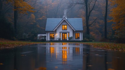 Fototapeta premium Autumnal Serenity: Lakeside House Reflection