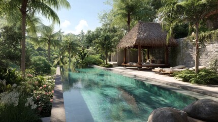 A serene pool with a thatched-roof structure in a tropical resort, surrounded by lush greenery and tranquility. Vacation vibes.