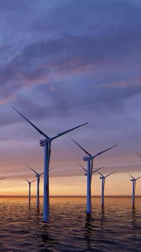 2160x3840. Windmill park. Offshore wind turbines farm on the ocean.  Green Energy, clean power, clean energy concept. Sustainable energy production. ULTRA HD. Windmill turbine.	