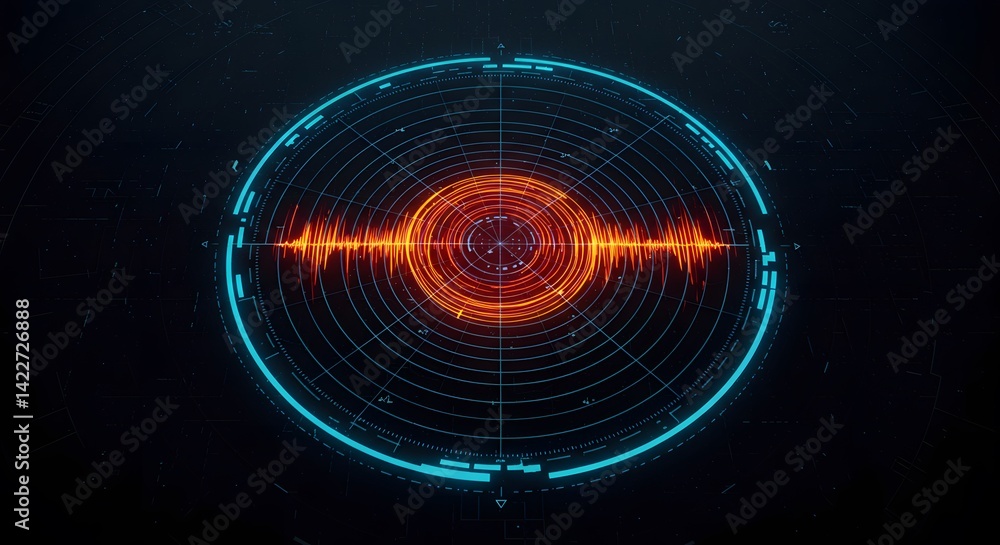 Poster abstract futuristic technology interface design with vibrant neon waveform display on circular radar