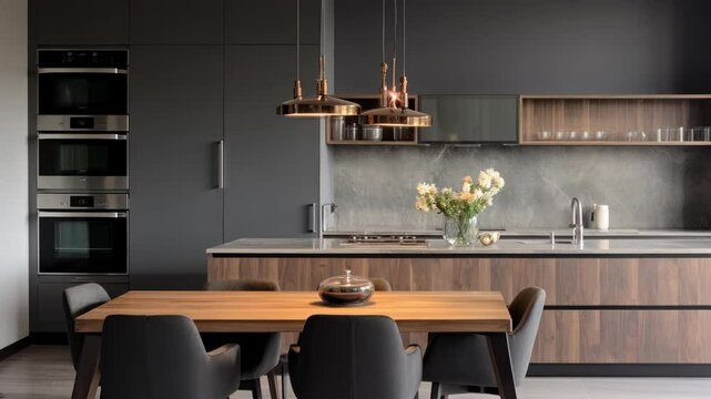 Modern kitchen with sleek wood and black design, shot from a straight-on angle. Ideal for a video showcasing contemporary home interiors.