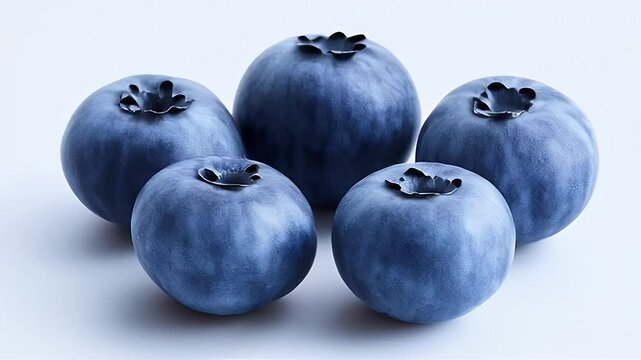 Vibrant Deep Blue Blueberries with Crown Formation Macro Studio Shot on Clean White Surface Showcasing Plump Round Fruits Arrangement Ideal for Decoration